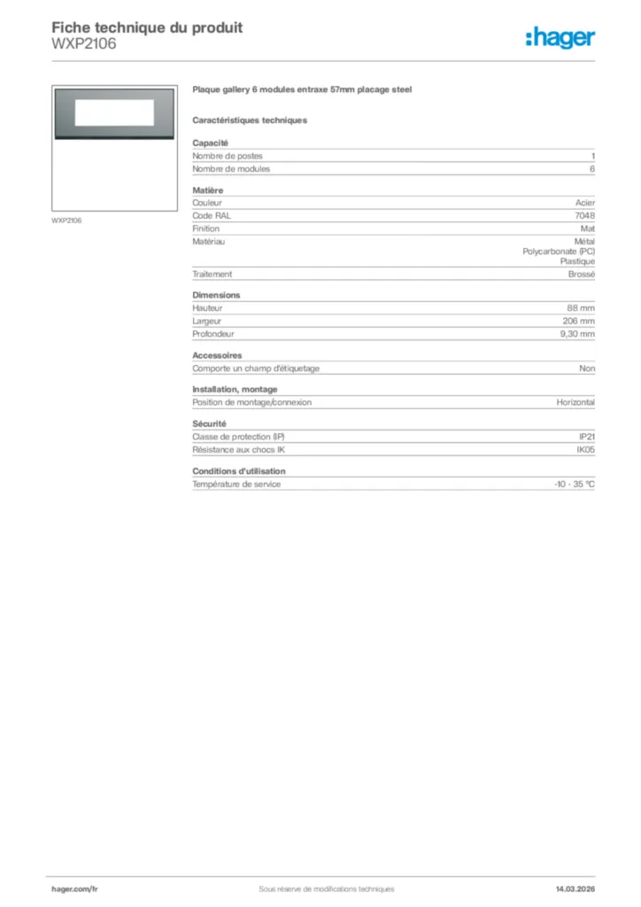 Image Hager Fiche technique du produit WXP2106 | Hager France