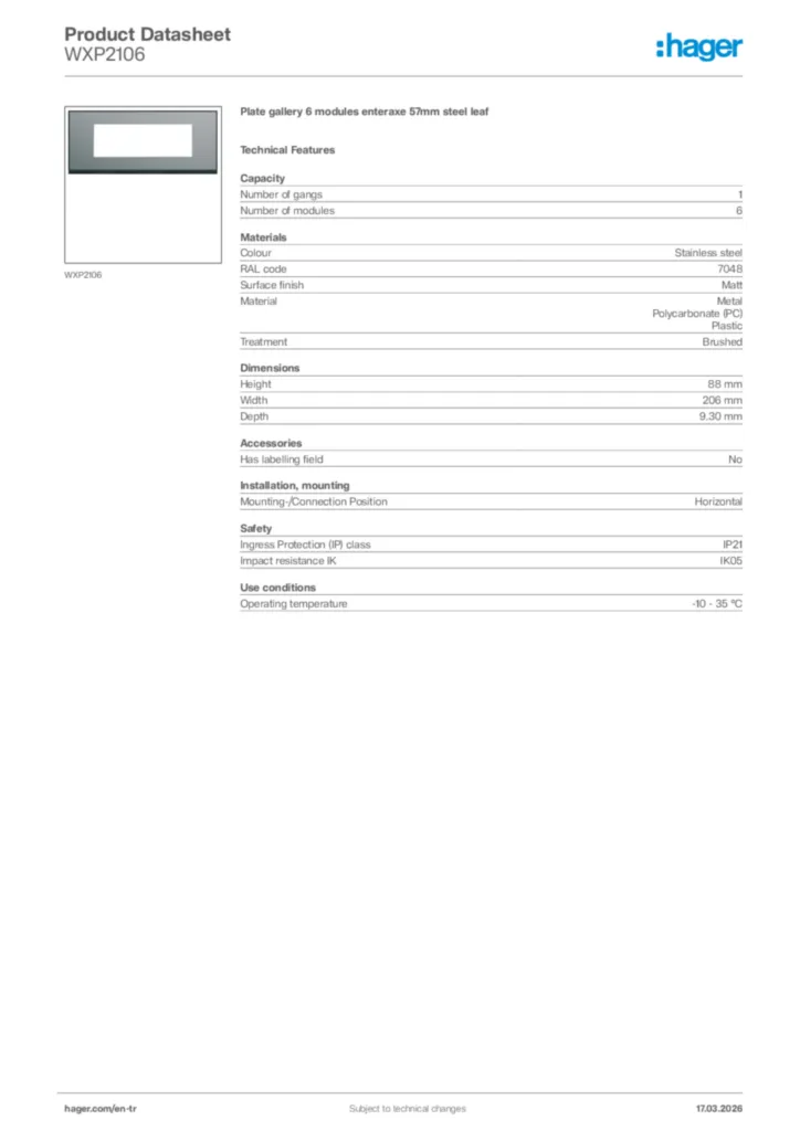 Image Hager Product data sheet WXP2106  | Hager