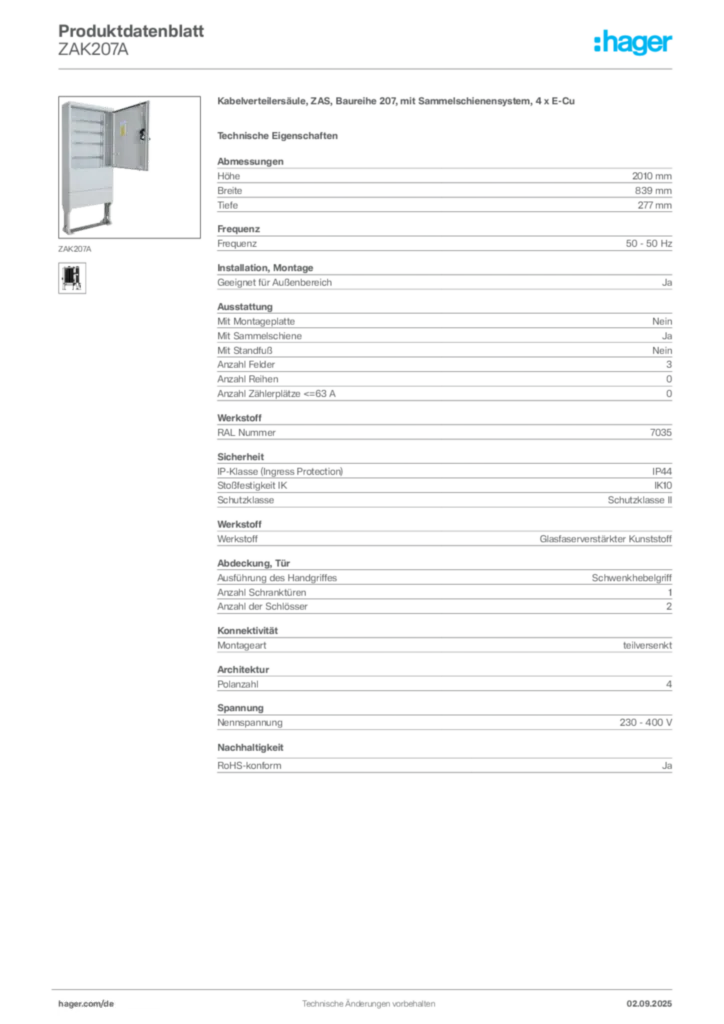 Hager Produktdatenblatt ZAK207A