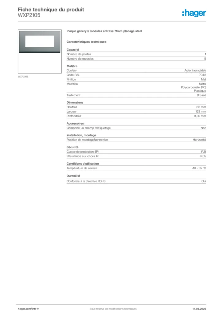 Image Hager Fiche technique du produit WXP2105 | Hager Afrique