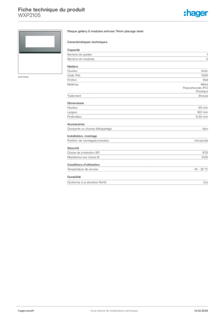 Image Hager Fiche technique du produit WXP2105 | Hager France