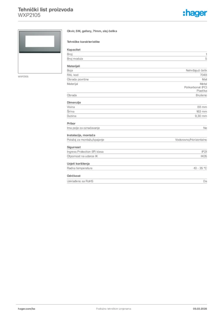 Slika Hager Tehnički list proizvoda WXP2105  | Hager