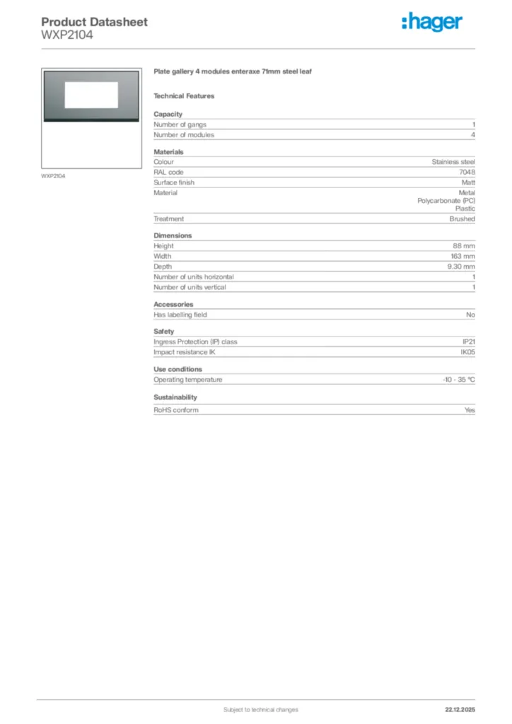 Image Hager Product data sheet WXP2104  | Hager Africa