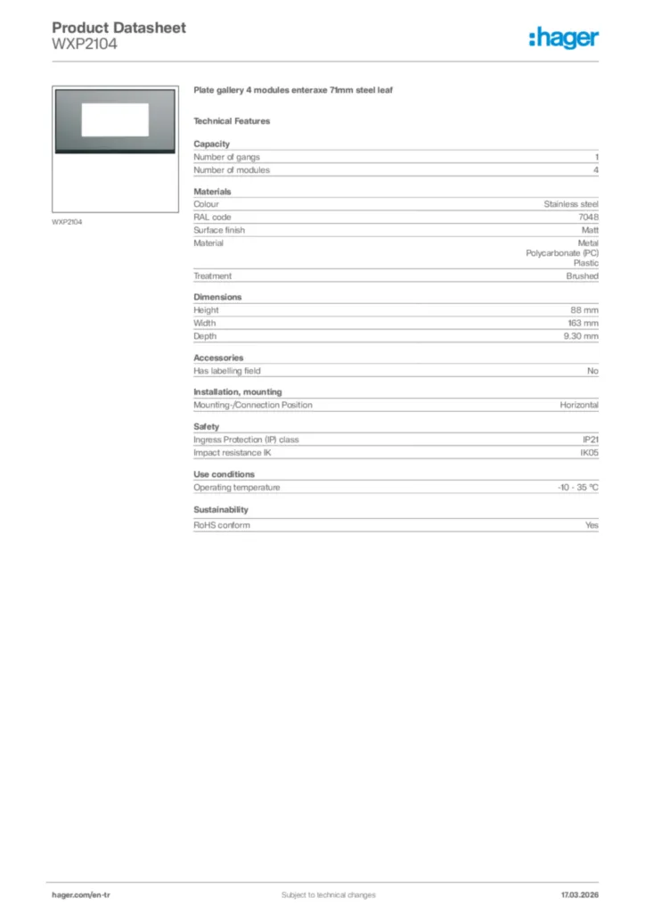 Image Hager Product data sheet WXP2104  | Hager