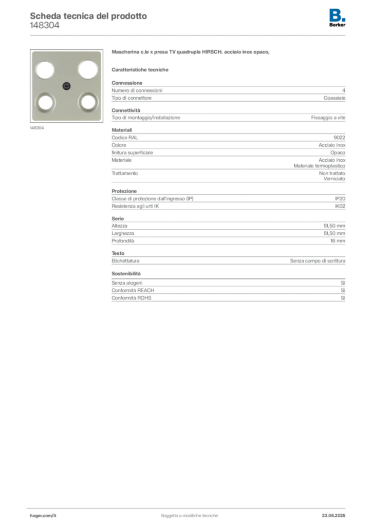 Immagine Berker Scheda tecnica del prodotto 148304 | Hager Italia