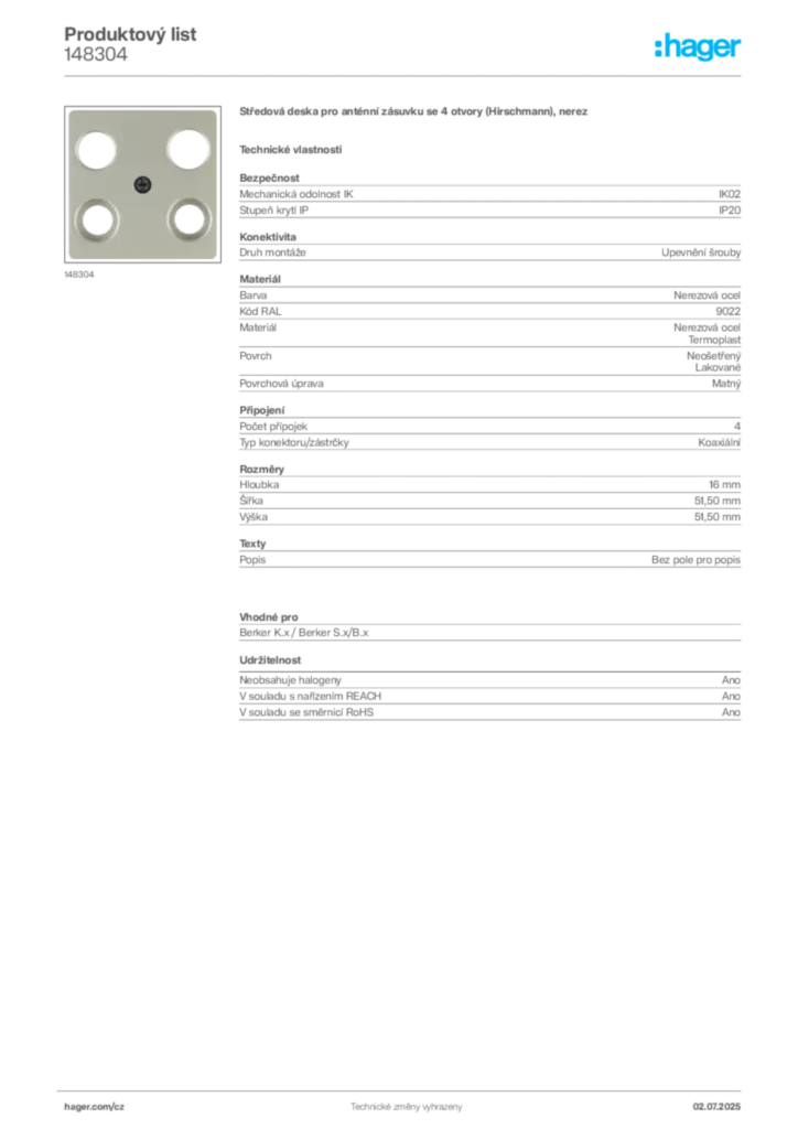 Obrázek Hager Produktový list 148304 | Hager