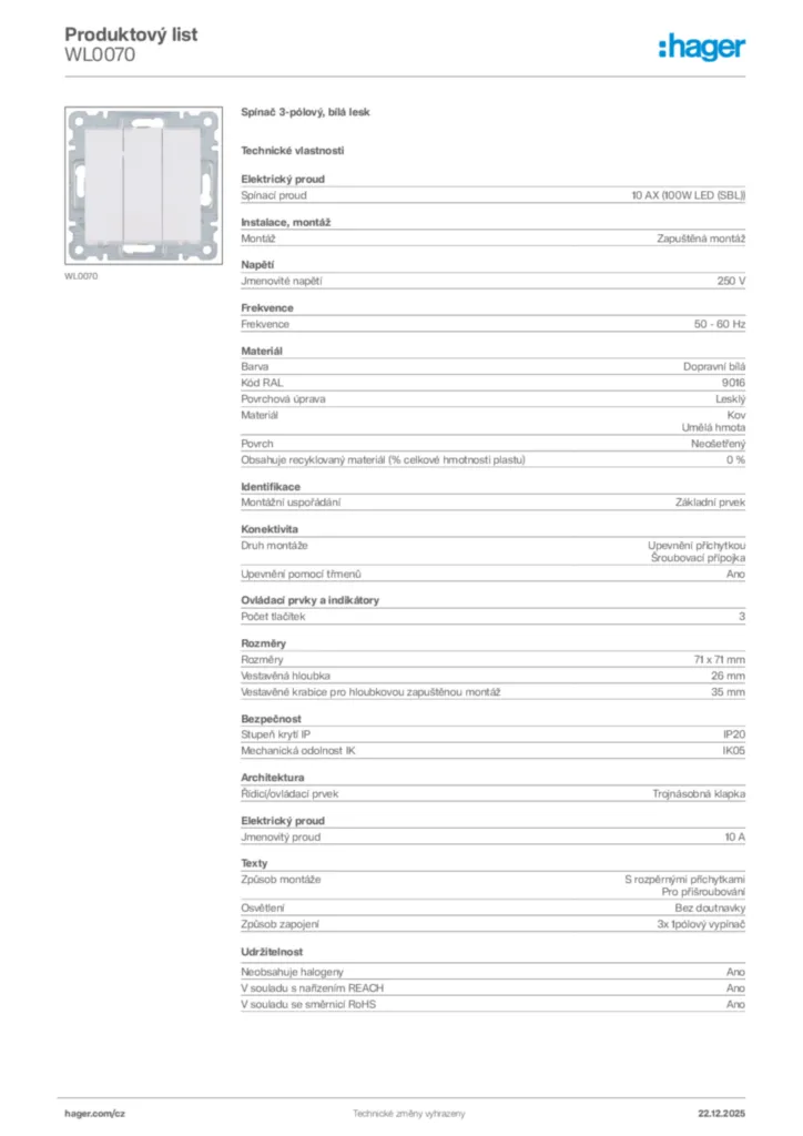 Obrázek Hager Produktový list WL0070 | Hager