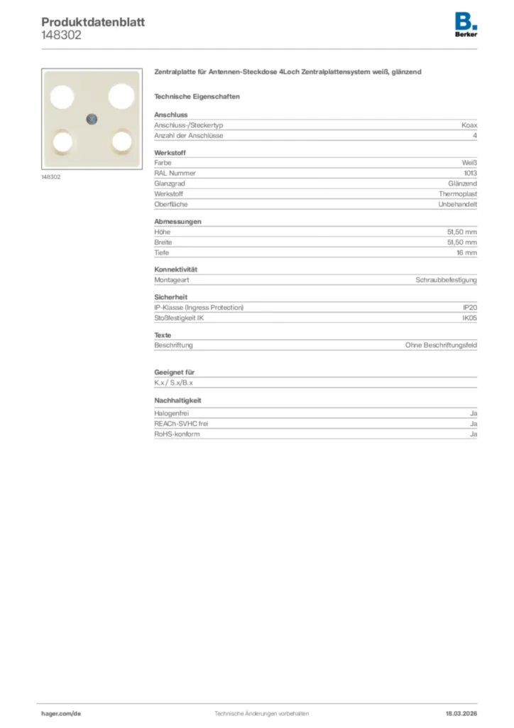 Bild Berker Produktdatenblatt 148302 | Hager Deutschland