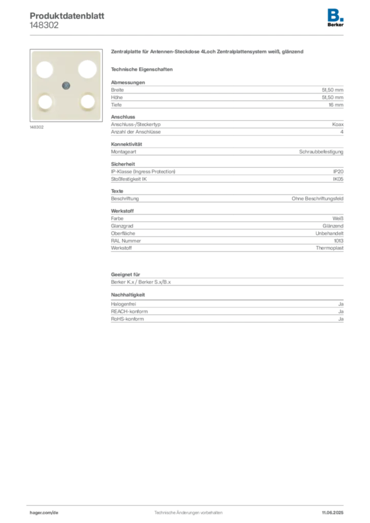 Bild Berker Produktdatenblatt 148302 | Hager Deutschland