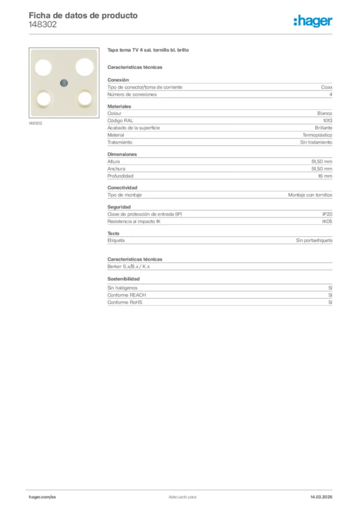 Imagen Hager Ficha de datos de producto 148302 | Hager España