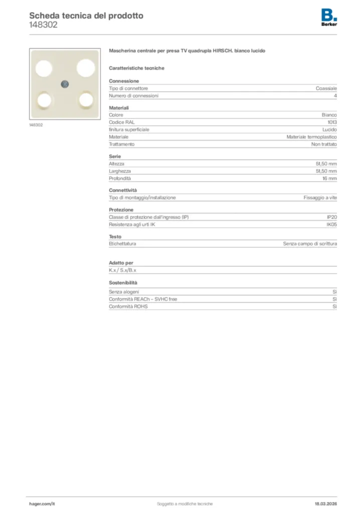 Immagine Berker Scheda tecnica del prodotto 148302 | Hager Italia