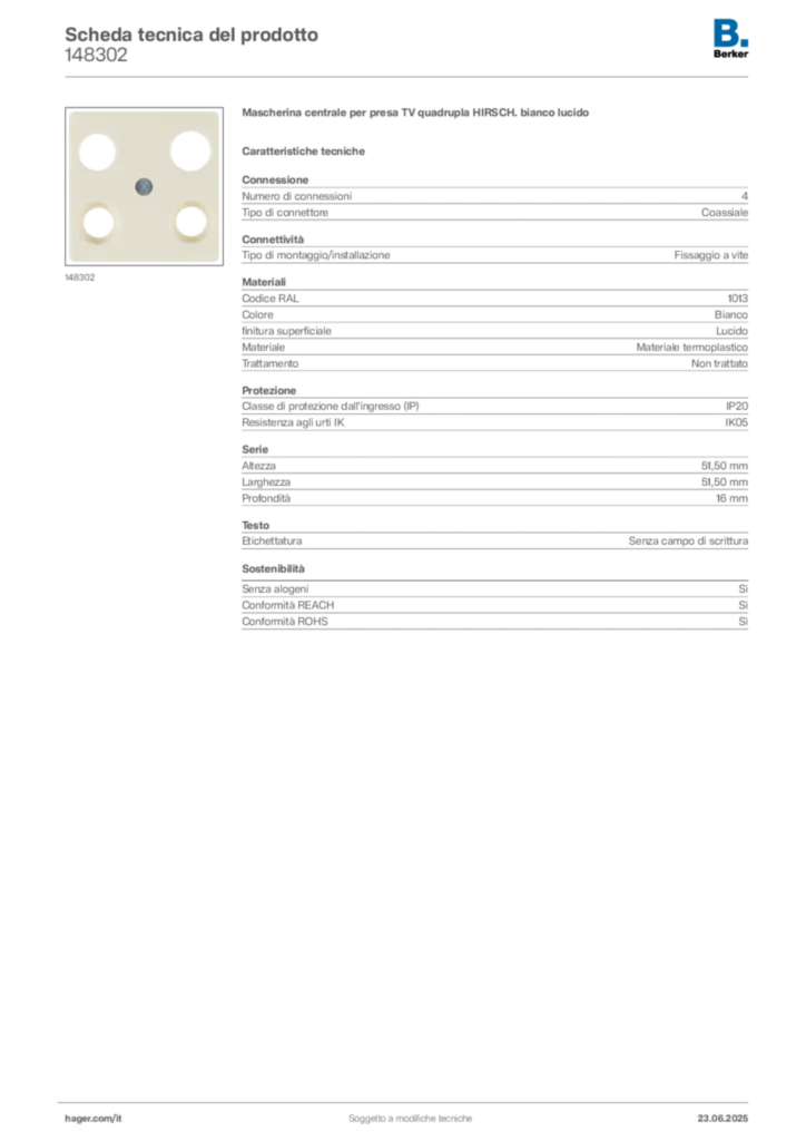 Immagine Berker Scheda tecnica del prodotto 148302 | Hager Italia