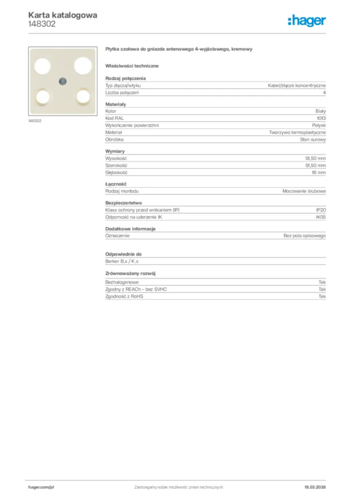 Zdjęcie Hager Karta katalogowa 148302 | Hager Polska