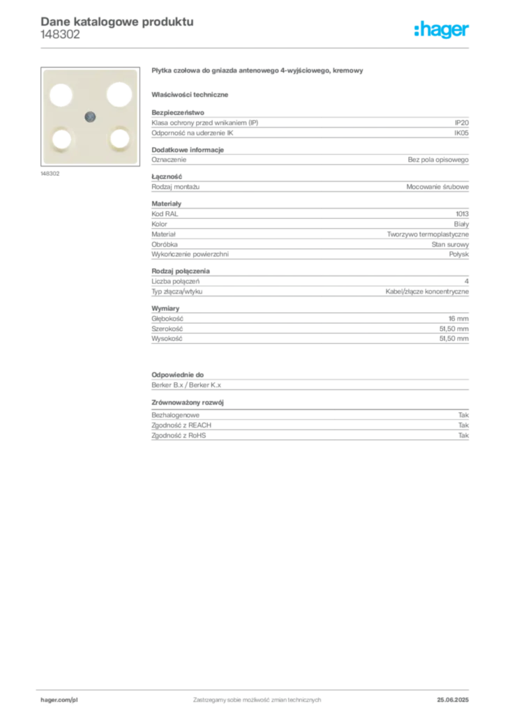 Zdjęcie Hager Dane katalogowe produktu 148302 | Hager Polska