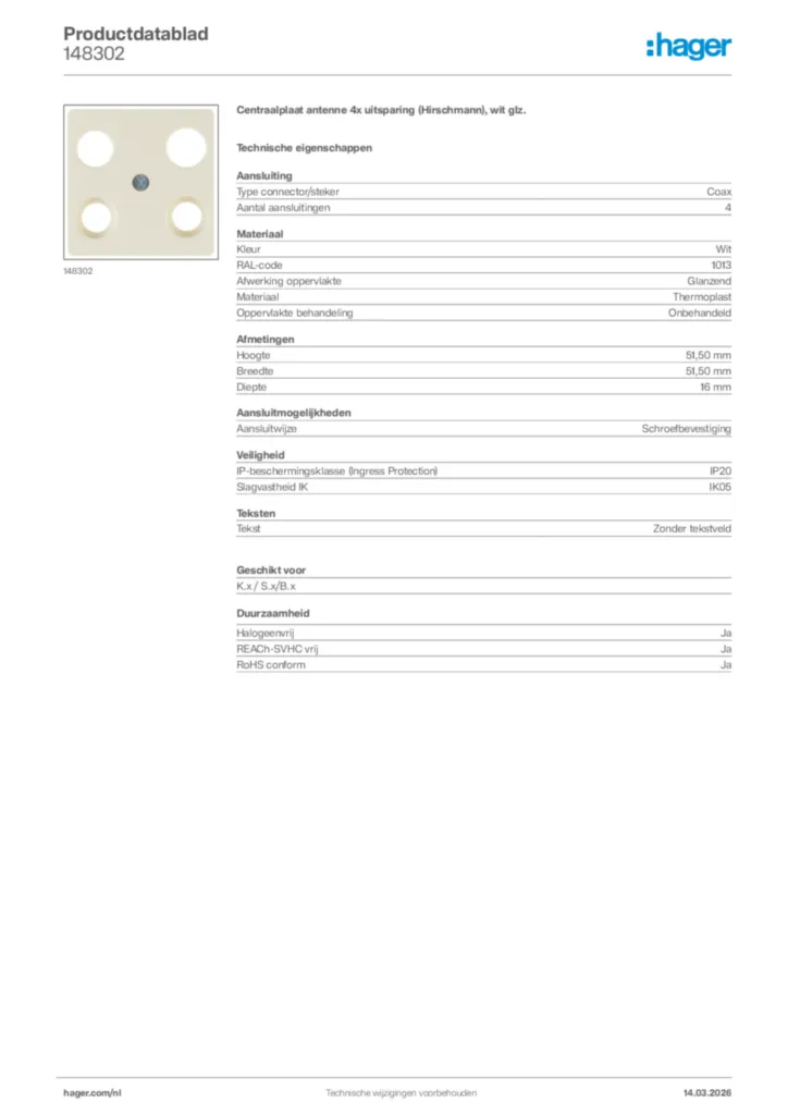 Afbeelding Hager Productdatablad 148302 | Hager Nederland