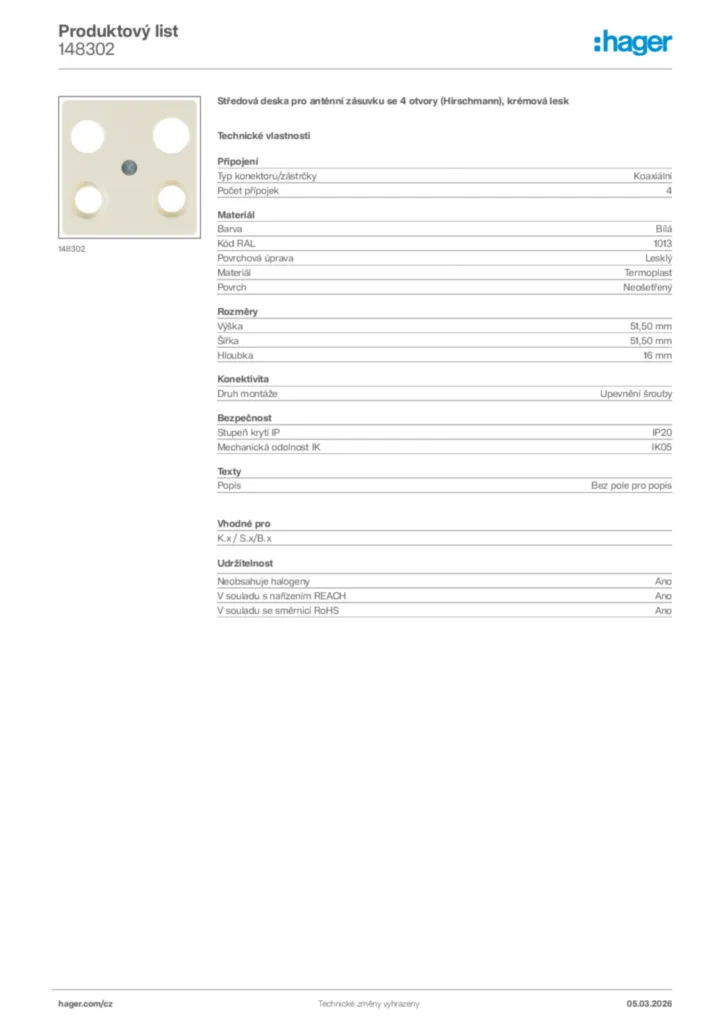 Obrázek Hager Product data sheet 148302 | Hager
