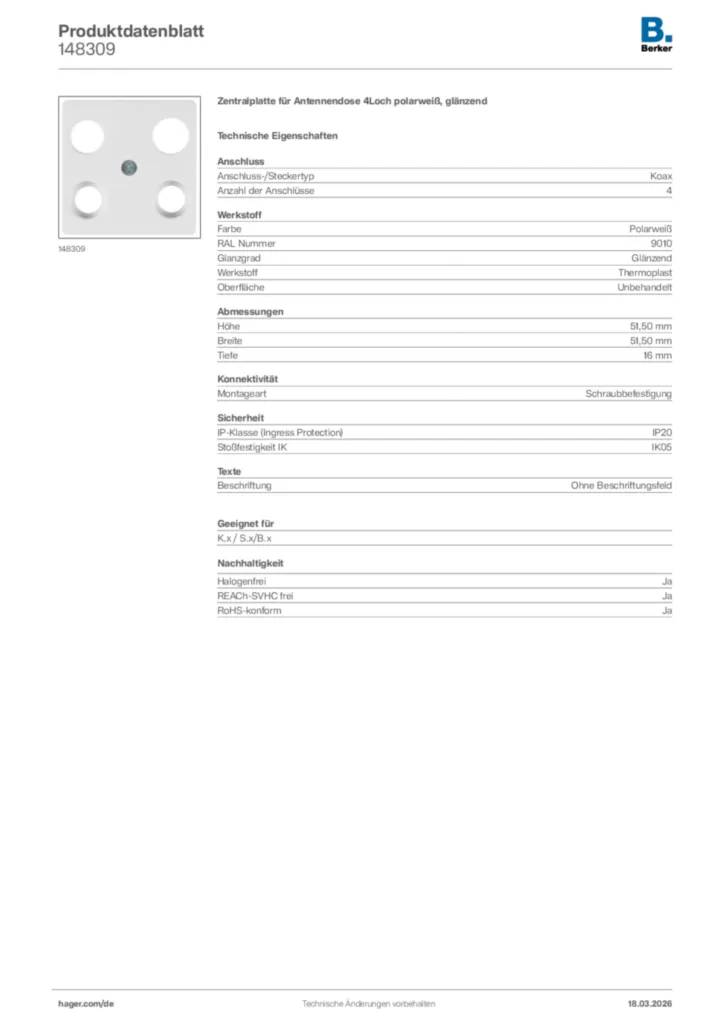 Bild Berker Produktdatenblatt 148309 | Hager Deutschland