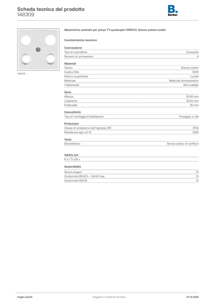 Immagine Berker Scheda tecnica del prodotto 148309 | Hager Italia