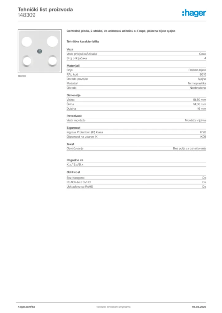 Slika Hager Tehnički list proizvoda 148309  | Hager