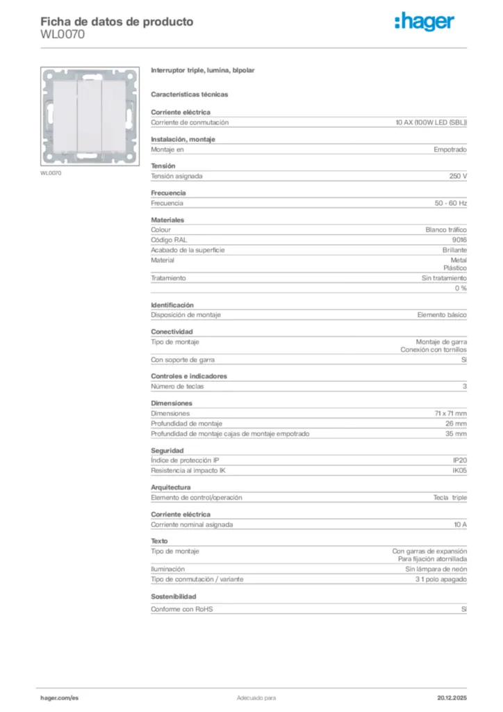 Imagen Hager Ficha de datos de producto WL0070 | Hager España
