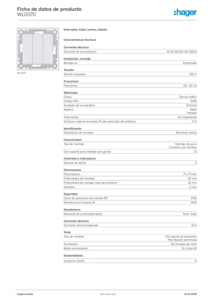 Imagen Hager Ficha de datos de producto WL0070 | Hager España