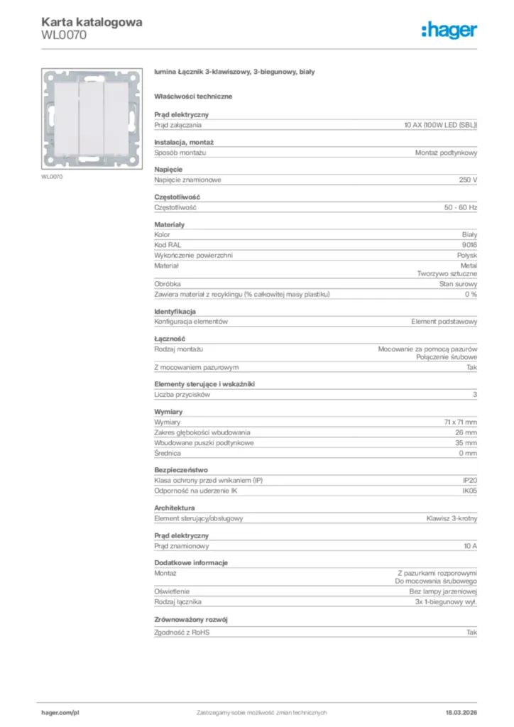 Zdjęcie Hager Karta katalogowa WL0070 | Hager Polska