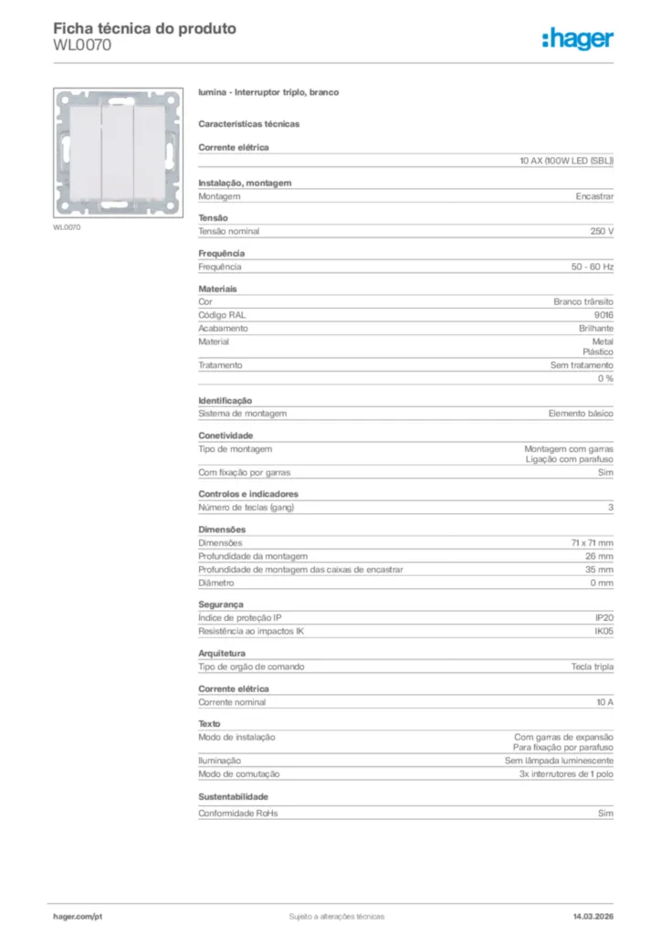Imagem Hager Ficha técnica do produto WL0070 | Hager Portugal