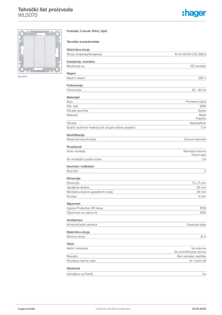 Slika Hager Tehnički list proizvoda WL0070  | Hager