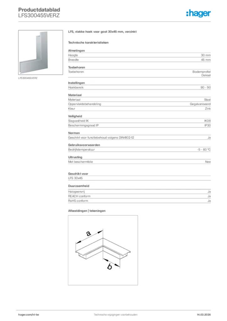 Afbeelding Hager Productdatablad LFS300455VERZ | Hager Belgium