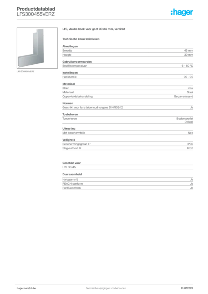 Afbeelding Hager Productdatablad LFS300455VERZ | Hager Belgium