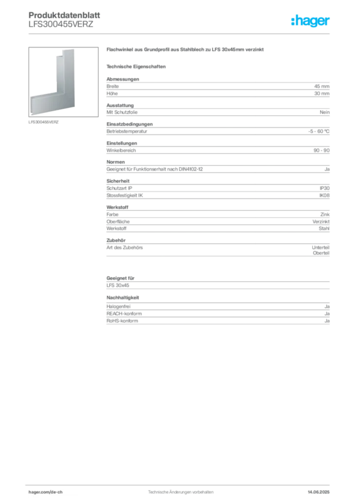 Bild Hager Produktdatenblatt LFS300455VERZ | Hager Schweiz