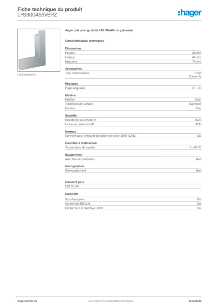 Image Hager Fiche technique du produit LFS300455VERZ | Hager Suisse