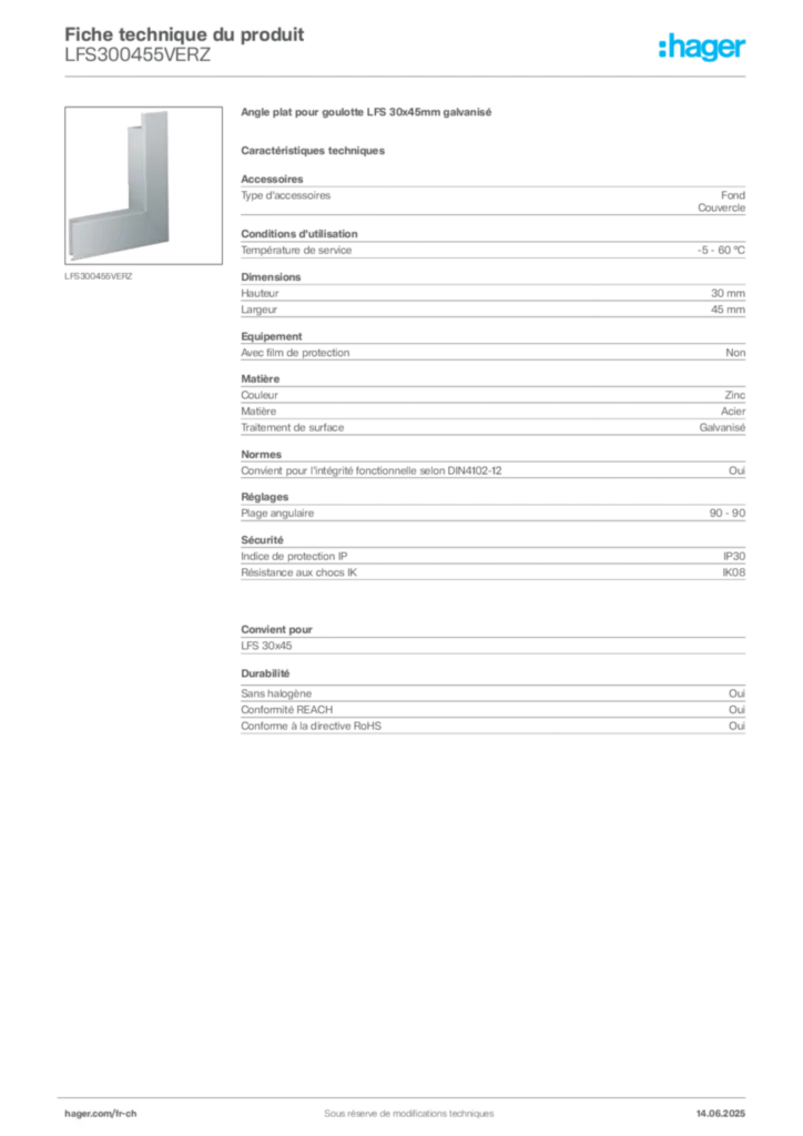 Image Hager Fiche technique du produit LFS300455VERZ | Hager Suisse