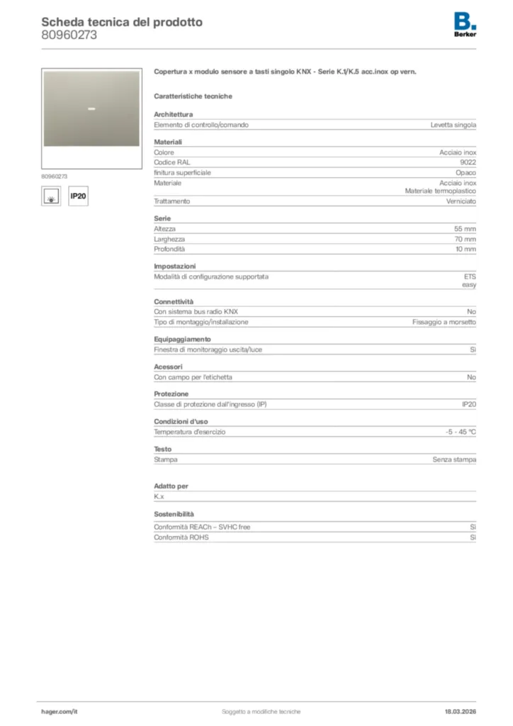 Immagine Berker Scheda tecnica del prodotto 80960273 | Hager Italia