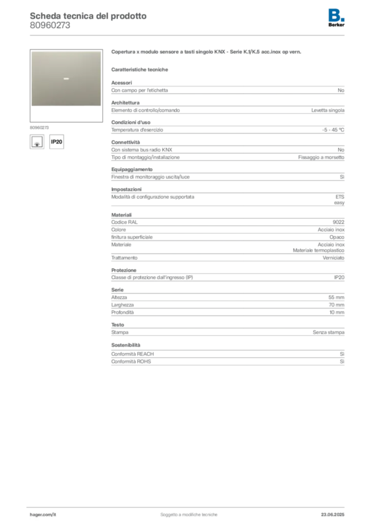 Immagine Berker Scheda tecnica del prodotto 80960273 | Hager Italia