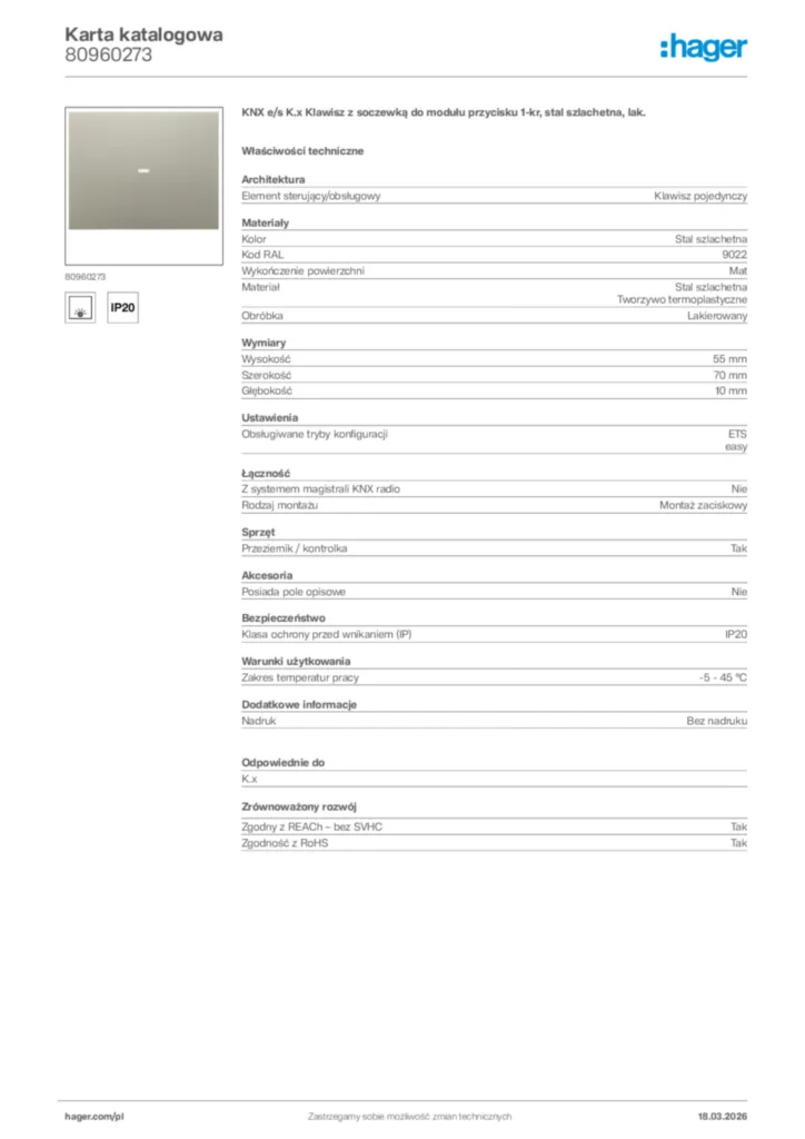 Zdjęcie Hager Karta katalogowa 80960273 | Hager Polska