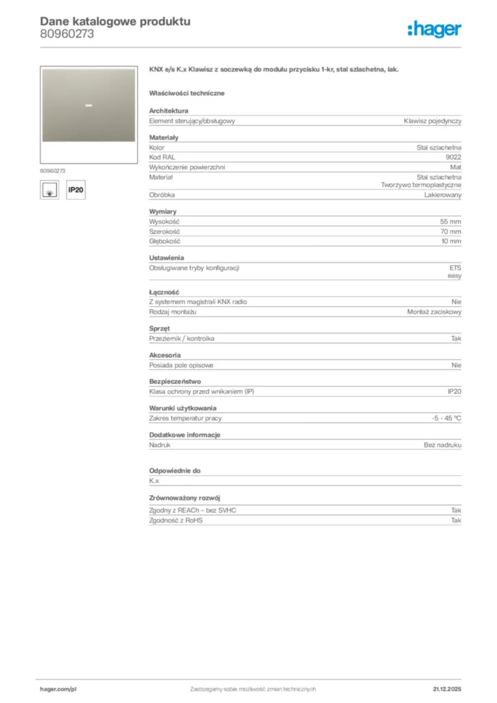 Zdjęcie Hager Dane katalogowe produktu 80960273 | Hager Polska