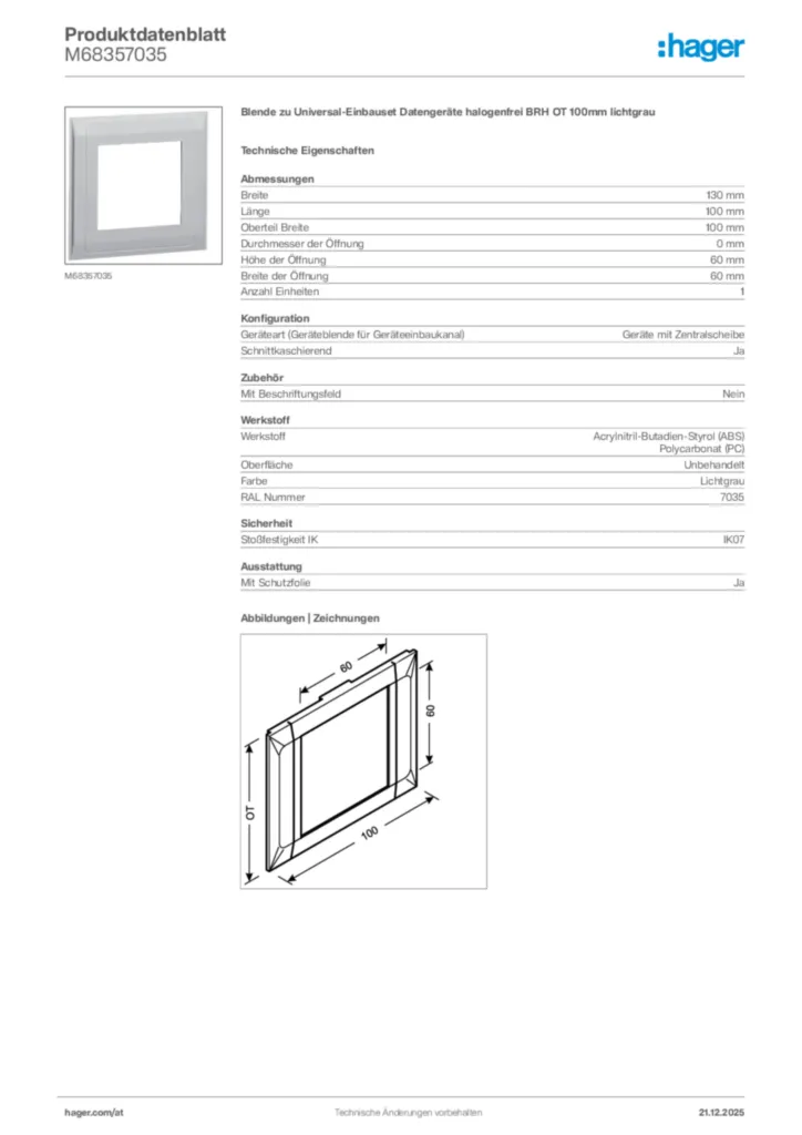 Bild Hager Produktdatenblatt M68357035 | Hager Deutschland