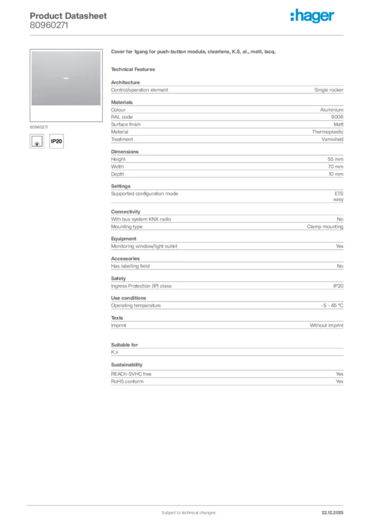 Image Hager Product data sheet 80960271  | Hager Africa