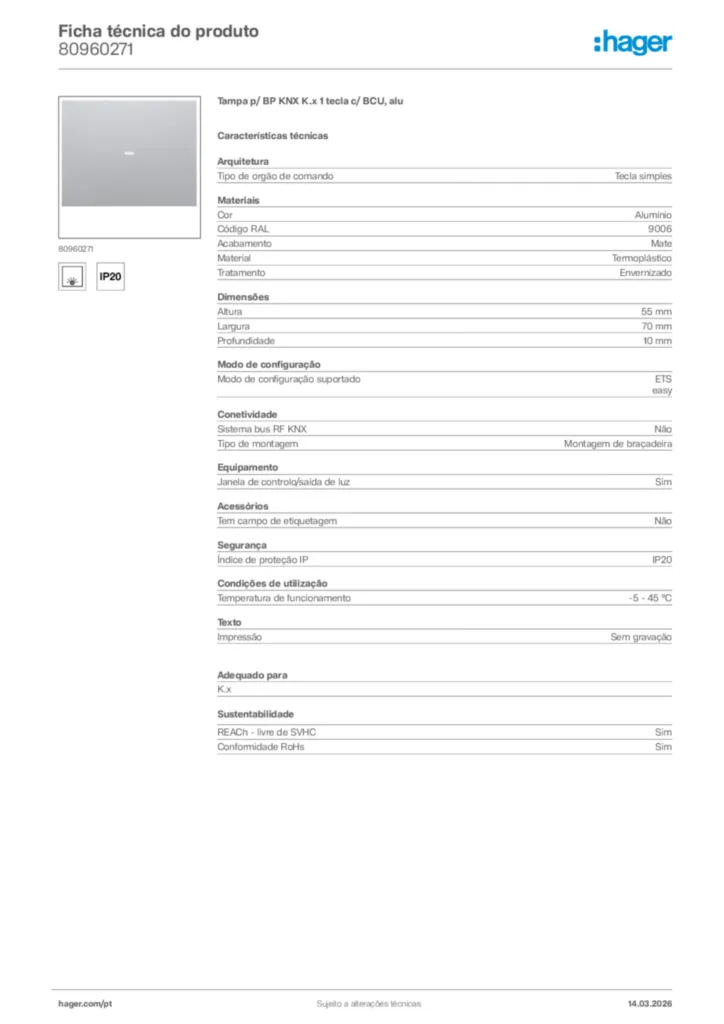 Imagem Hager Ficha técnica do produto 80960271 | Hager Portugal