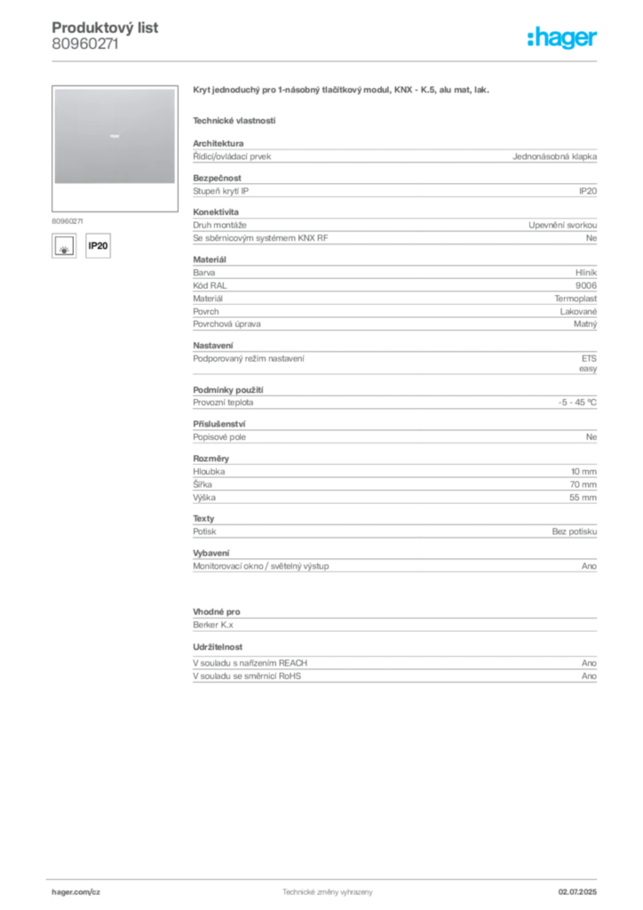 Obrázek Hager Produktový list 80960271 | Hager