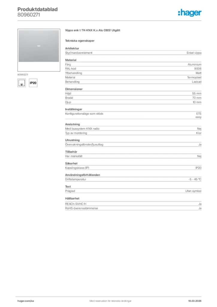 Bild Hager Produktdatablad 80960271 | Hager Sverige