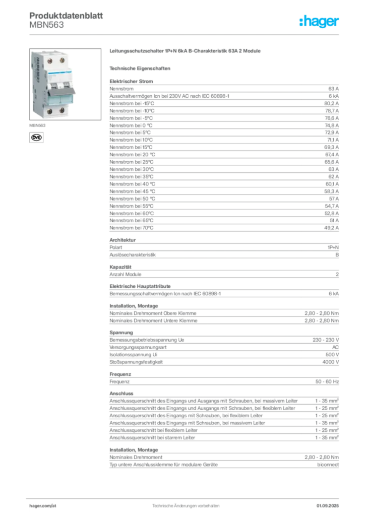 Bild Hager Produktdatenblatt MBN563 | Hager Deutschland