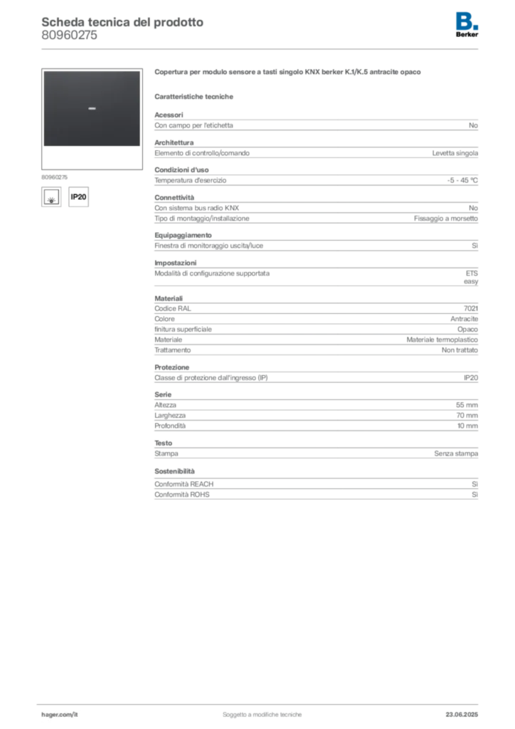 Immagine Berker Scheda tecnica del prodotto 80960275 | Hager Italia