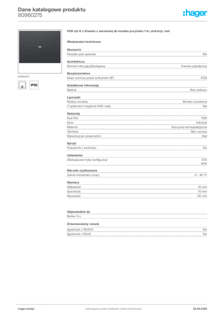 Zdjęcie Hager Dane katalogowe produktu 80960275 | Hager Polska