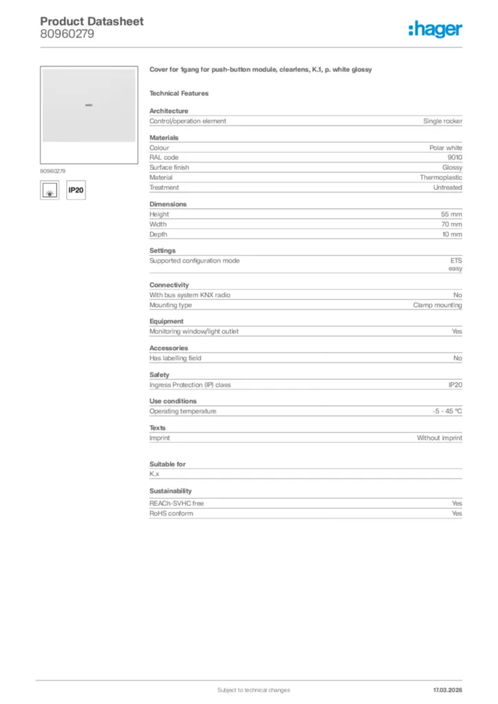 Image Hager Product data sheet 80960279  | Hager Africa
