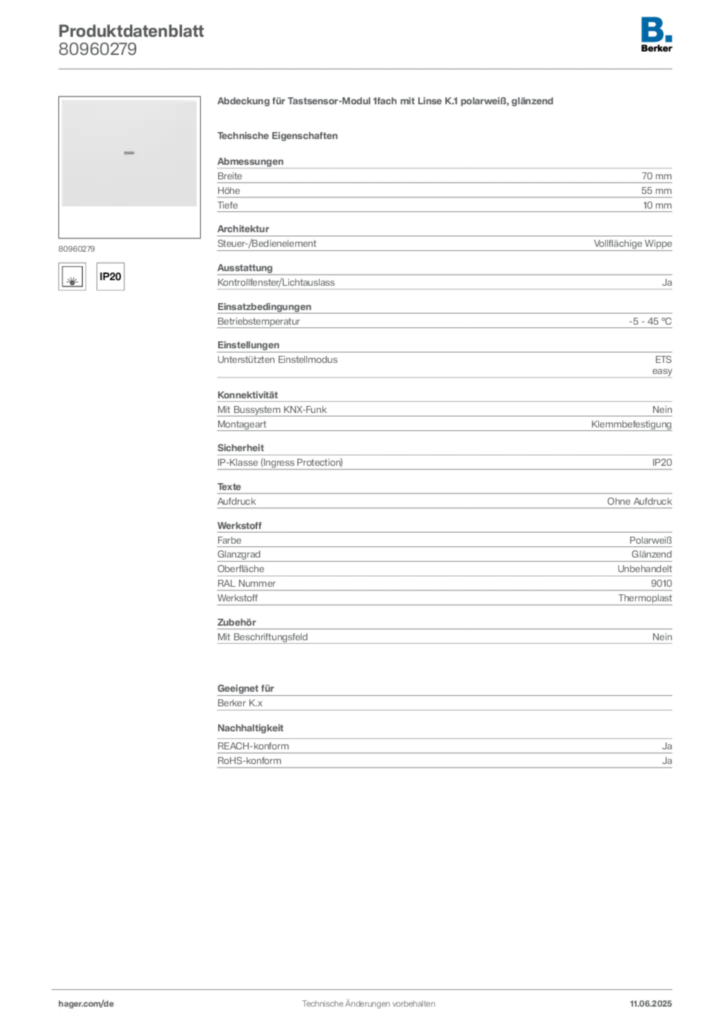 Bild Berker Produktdatenblatt 80960279 | Hager Deutschland