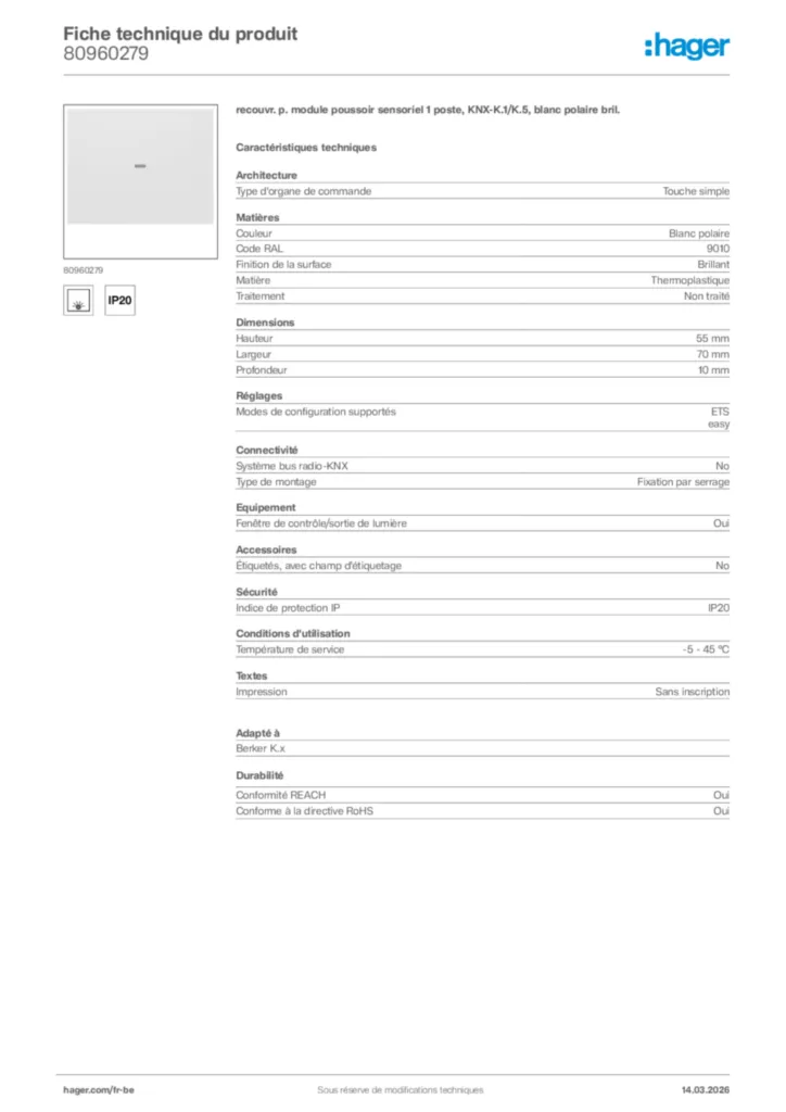 Image Hager Fiche technique du produit 80960279 | Hager Belgique