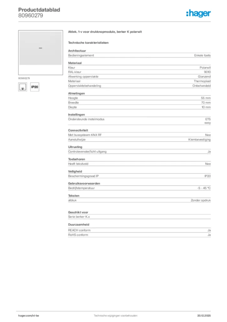 Afbeelding Hager Productdatablad 80960279 | Hager Belgium