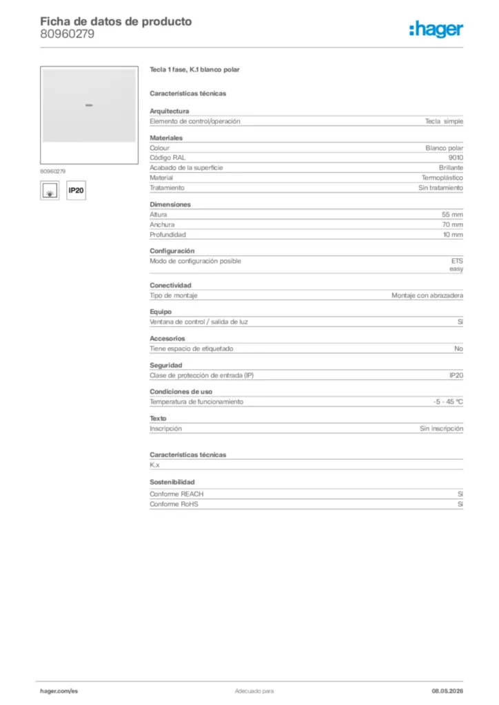 Imagen Hager Ficha de datos de producto 80960279 | Hager España